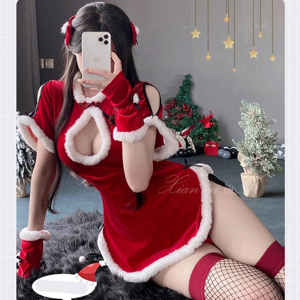 Image of Autumn Winter Velvet Christmas Cosplay Red Dress Retro Women Sexy Cheongsam Lingerie Uniform Short Sleeve Kawaii